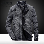 JEEP SPIRIT秋冬新款男士牛仔外套歐美休閑復(fù)古修身立領(lǐng)拉鏈夾克騎行機(jī)車服潮 黑色 M