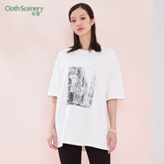 布景T恤女夏季新品簡(jiǎn)約純色圓領(lǐng)五分袖中長(cháng)款純棉上衣 白色 L