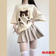 美梵朗夏季新款少女學(xué)院鹽系小熊印花T恤女+內(nèi)襯百褶短裙兩件套裝 上衣-女士夏裝新款套裝 S -女士夏裝新款套裝