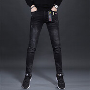 朋想高端夏季黑色牛仔褲男款韓版修身小腳緊身高彈力休閑百搭男士褲子 常規款 30 2尺3