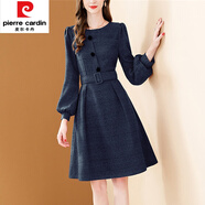 皮爾卡丹（pierre cardin）復古紅色燈籠袖格子連衣裙2025年秋冬新款圓領(lǐng)系帶顯瘦毛呢a字裙 藏青色 5258 M