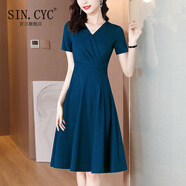 SIN.CYC夏季氣質(zhì)短袖v領(lǐng)連衣裙女夏裝時(shí)尚洋氣修身 藍(lán)色 3XL [140-155斤]