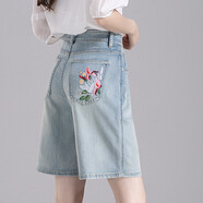 德瑪納花卉刺繡牛仔夏款牛仔褲女五分直筒中褲寬松短褲女 牛仔藍 27 