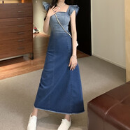 蘭威費雷設計感復古ins漸變牛仔連衣裙女夏季辣妹修身顯瘦裙子氣質(zhì)中長裙 藍色 【現(xiàn)貨】 S