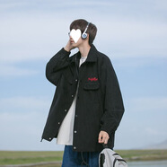 摘星少年【三件套】美式衣服毛呢外套男春季棒球寬松休閑夾克牛仔褲男套裝 C01黑色 XL