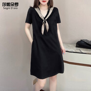 莎妮朵羅加大碼女裝夏季胖mm新款連衣裙V領(lǐng)短袖黑色寬松休閑連衣裙18105 黑色-預(yù)售7天發(fā)貨 2XL建議140-160斤穿著