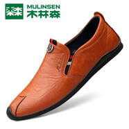木林森男鞋秋冬季新款商務(wù)休閑皮鞋男真皮加絨保暖爸爸鞋軟皮軟底英倫豆豆鞋男 C3190271 淺棕色單鞋 40