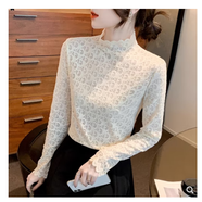 HLHP【撿漏特價(jià)】半高領(lǐng)蕾絲打底衫女2021春秋長(cháng)袖歐洲站洋氣小衫花邊鏤空雷絲上衣高端輕奢品牌. 杏色 M