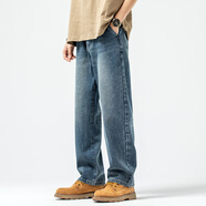 沐秋（MUQIU）高性價比春季懷舊簡約美式闊腿牛仔褲男寬松直筒褲休閑垂感長褲子 35號藍(lán) 40(200-210斤)