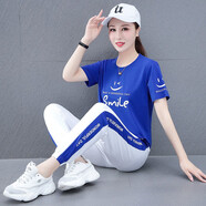 抹茶清歌 短袖運(yùn)動(dòng)套裝女休閑圓領(lǐng)套裝夏季短袖T恤長(zhǎng)褲大碼兩件套潮運(yùn)動(dòng)服 藍(lán)色 XL（110-120斤）