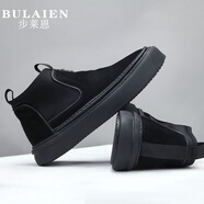 步萊恩（BULAIEN）秋冬季棉鞋休閑高幫皮鞋男一腳蹬套筒翻毛皮切爾西靴潮流短靴子 黑色-單里 38 皮鞋碼