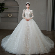 紅妝飾佳婚紗2025新娘主婚紗長袖出門紗法式重工復(fù)古宮廷風(fēng)迎賓儀式紗 淺香檳齊地款 L