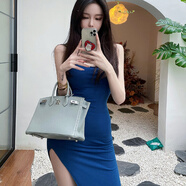 歐美復(fù)古風(fēng)復(fù)古風(fēng)黑色開(kāi)叉顯夏新款瘦修身吊帶裙連衣裙中長(zhǎng)款包臀裙SN7818 孔雀藍(lán) 【原版質(zhì)量】 2XL