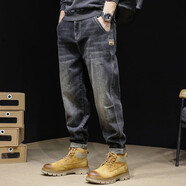 古先森牛仔褲男寬松直筒秋冬季休閑做舊哈倫褲男士彈力大碼復古水洗褲子 黑色 29 【105-115斤】