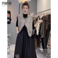 瑪嬌媚（Majiaomei）連衣裙女裝新款2025年春秋套裝女氣質(zhì)百搭設(shè)計感小香風(fēng)馬甲裙子女 灰色馬甲+黑色連衣裙 XL