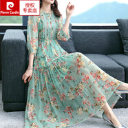 皮爾卡丹（pierre cardin）法式度假風(fēng)真絲連衣裙收腰2025春夏新款時(shí)尚桑蠶絲碎花沙灘裙針織 綠花 3XL