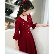 茗瑾萱敬酒服新娘酒紅色訂婚禮服連衣裙小個子平時可穿感女V領便裝 酒紅色中長款 S