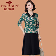 俞兆林（YUZHAOLIN）媽媽秋季新款假兩件連衣裙氣質(zhì)新中式中老年女春秋裝長袖洋氣裙子 綠色 XL (參考90-105斤)