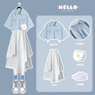 月袖鹽系套裝女學(xué)生2022夏季韓版寬松短款襯衣+白色半身裙超仙兩件套