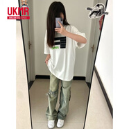 UKMR歐美式vibe風(fēng)復古綁帶設計感牛仔褲女夏寬松潮牌高街直筒長(cháng)褲子 黃泥藍  高品質(zhì) 常規 M 95-110斤