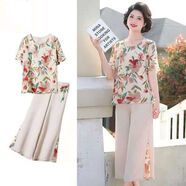 蘭威費雷婆婆媽媽裝夏裝套裝新款中年衣服中老年人40到50歲上衣60 米白( 上衣+褲子) XL 「85-110｝