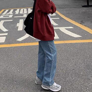 版牛仔褲女梨型身材穿搭寬松顯瘦遮胯大腿粗的闊腿褲 C12藍色 S碼建議80-95斤