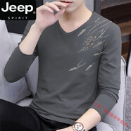 JEEP SPIRIT秋冬季男士長袖t恤純棉v字領修身薄印花秋冬衣韓版潮流百搭內(nèi)穿T 碳灰色 S1036 L 115-130斤