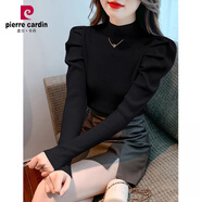 皮爾卡丹（pierre cardin）半高領(lǐng)針織打底衫女秋冬高級感內(nèi)搭軟糯毛衣2024年新款泡泡袖上衣 黑色 L