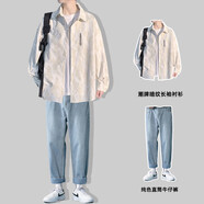 主意范（ZHUYIFAN）胖子超大碼休閑襯衫男士短袖夏季寬松大碼冰絲學(xué)生外套襯衣套裝 C3511白色+牛仔褲 XL (175) 125-145斤