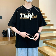 芊旻青少年短袖t恤男夏季新款百搭潮流時(shí)尚帥氣字母半袖T恤上衣 黑色 L 115-135斤
