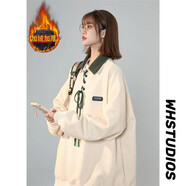 QGF美式Polo領(lǐng)衛(wèi)衣女春秋季新款韓版寬松學(xué)院風(fēng)百搭休閑潮牌上衣外套 米色加絨 M
