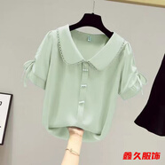 美安嘉夏季新款薄款襯衣短袖矮個(gè)子上衣雪紡遮肚子雪紡衫遮肚上衣顯瘦款 A-淺綠色 娃娃領(lǐng)短袖-遮肚子上衣 XL 120-129斤-遮肚子上衣