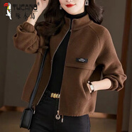 啄木鳥(niǎo)新款搖粒絨夾克短外套女秋冬2024洋氣高腰加厚輕薄小個(gè)子開(kāi)衫 咖啡色 XL
