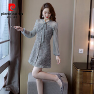 皮爾卡丹（pierre cardin）小香風(fēng)連衣裙女秋冬季法式小個(gè)子時(shí)尚減齡系帶網(wǎng)紗拼接毛呢流行 灰色 S