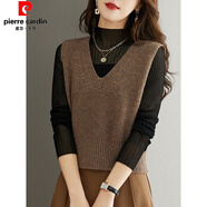 皮爾卡丹（pierre cardin）品質(zhì)羊l毛針織衫女士毛衣背心2025春秋V領(lǐng)馬甲短款洋氣外穿小坎肩 咖啡色 【商場(chǎng)品】 M 建議100-110斤