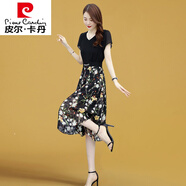 皮爾卡丹品牌輕奢高檔女裝 今年流行紫色連衣裙女夏季2022新款薄款修身氣質(zhì)顯瘦雪紡裙子夏天針織 黑色 165/L