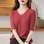 VEOX新款短袖打底針織衫女V領(lǐng)套頭中袖上衣修身短款針織T恤衫潮 磚紅色 XL _[建議115斤-130斤]