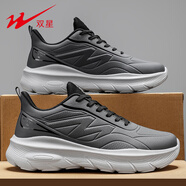 雙星男鞋2025秋季皮面防水防滑男士黑色運動(dòng)鞋軟底輕便跑步休閑鞋 深灰 43