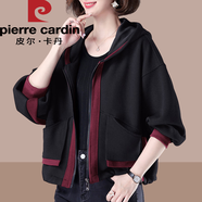 皮爾卡丹（pierre cardin）2025新款春秋裝連帽短款外套女士春裝韓版百搭開(kāi)衫拉鏈長(cháng)袖上衣服 黑色 4XL(建議160斤-180斤)