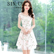 SIN.CYC女裝短袖蕾絲連衣裙中長款圓領(lǐng)花色亮片年夏天氣質(zhì)洋氣小矮個(gè) 白色 2XL