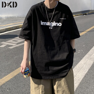 蒂卡登短袖t恤男夏季ins潮牌圓領寬松百搭上衣港風潮流休閑簡約半袖體恤 黑色 L（建議110斤-130斤）