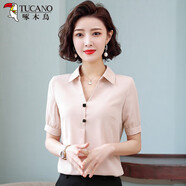 啄木鳥(niǎo)v領(lǐng)雪紡襯衫女短袖夏裝2023年新款洋氣小衫女士上衣氣質(zhì)職業(yè)襯衣 杏色 S 建議80-95斤