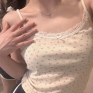 ARPGNHN日系欲bm風(fēng)蕾絲邊碎花吊帶背心女秋季甜美小眾修身百搭短款上衣 杏色 XL
