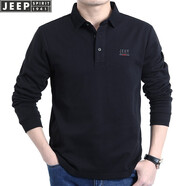 吉普（JEEP）長(zhǎng)袖T恤男春秋季新款商務(wù)休閑寬松翻領(lǐng)純色棉質(zhì)男裝上衣打底衫 黑色 XL(建議146-160斤)