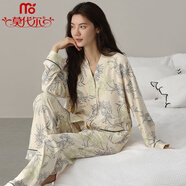 莫代爾（Madallo）純棉帶胸墊睡衣女春秋季長袖開衫新中式古風(fēng)套裝秋冬可外穿家居服 純/棉帶胸墊】8H5050# M建議體重：80-95斤】