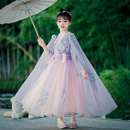 布戀貓女孩漢服全套秋款季新款3-12歲中大兒童中國風(fēng)古裝超仙連衣裙洋氣 紫色+披肩 150 身高145-155