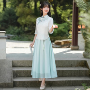 妖妮旗袍漢服女成人日常演出2025新中式國風(fēng)雪紡棉麻繡花連衣裙兩件套 6518白色上衣+綠色裙 L (建議體重90-100斤）