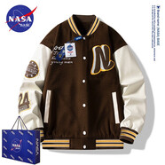 NASA BASE官方男裝潮牌聯(lián)名夾克男女款寬松學(xué)生外套情侶衫字母飛行員棒球服 MD-22119-棕色（春秋款） 2XL （建議150-170斤）