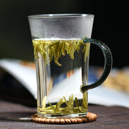 融俊耐熱玻璃杯帶把綠茶杯高檔龍井辦公室水杯子透明帶蓋玻璃喝水杯 博雅-墨綠（350ml）
