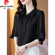 皮爾卡丹（pierre cardin）真絲襯衫女夏季新款漂亮時(shí)尚洋氣短袖小衫氣質(zhì)高端桑蠶絲上衣顯瘦 黑色 《顯瘦品牌氣質(zhì)洋氣時(shí)髦》 2XL (120-130斤)
